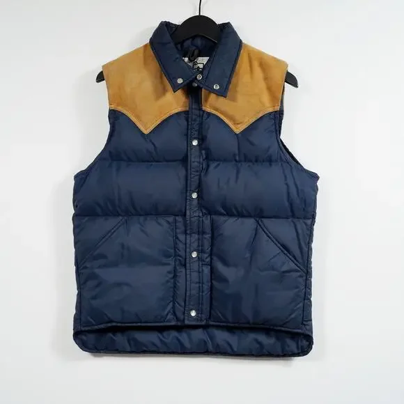 Vintage Woolrich Down Puffer Vest Suede Yoke Navy Brown Men’s Medium - Picture 1 of 11